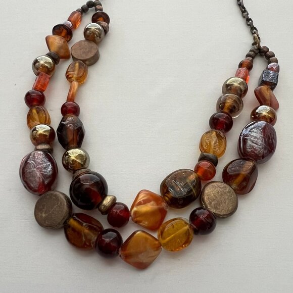 Boho Glass Beaded Fall Colors Red Orange Honey Amber Brass Tone Costume Necklace - Picture 2 of 8